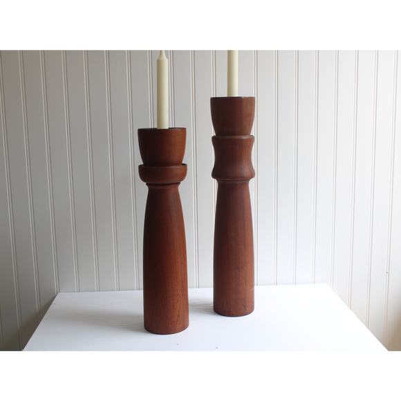Vintage Set Of 2 Mid Century Modern Wooden Turned Tall Candle Holders - Picture 1 of 7